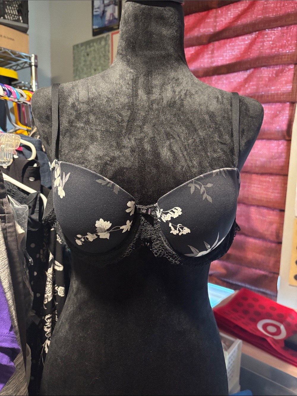 Auden Black Bra with White Floral Lace Detail